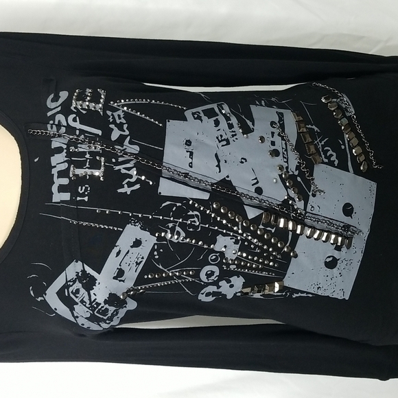 ADORE BLACK LS "MUSIC IS LIFE " EMBELLISHED BLOUSE SIZE SMALL - Picture 3 of 8